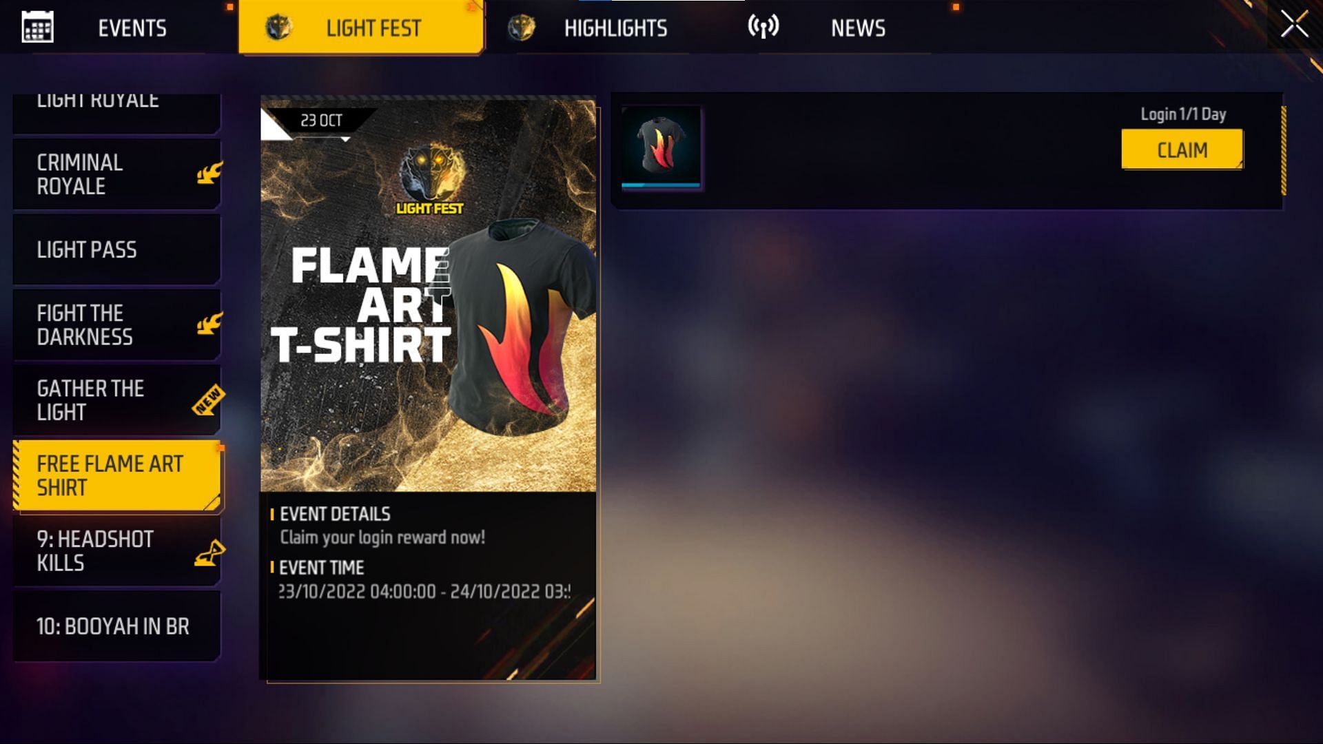 आपको मुफ्त Flame Art टी-शर्ट को क्लेम करना है  (Image via Garena)