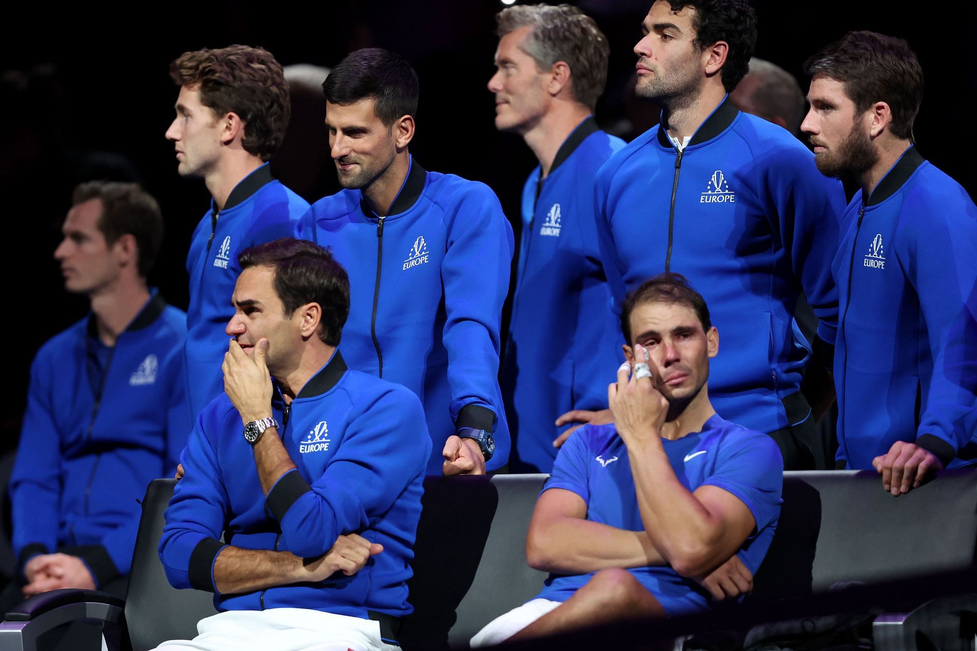 Rafael Nadal (first row, rightmost) last saw action for Team Europe in the Laver Cup where he shed tears for retiring friend and rival Roger Federer.