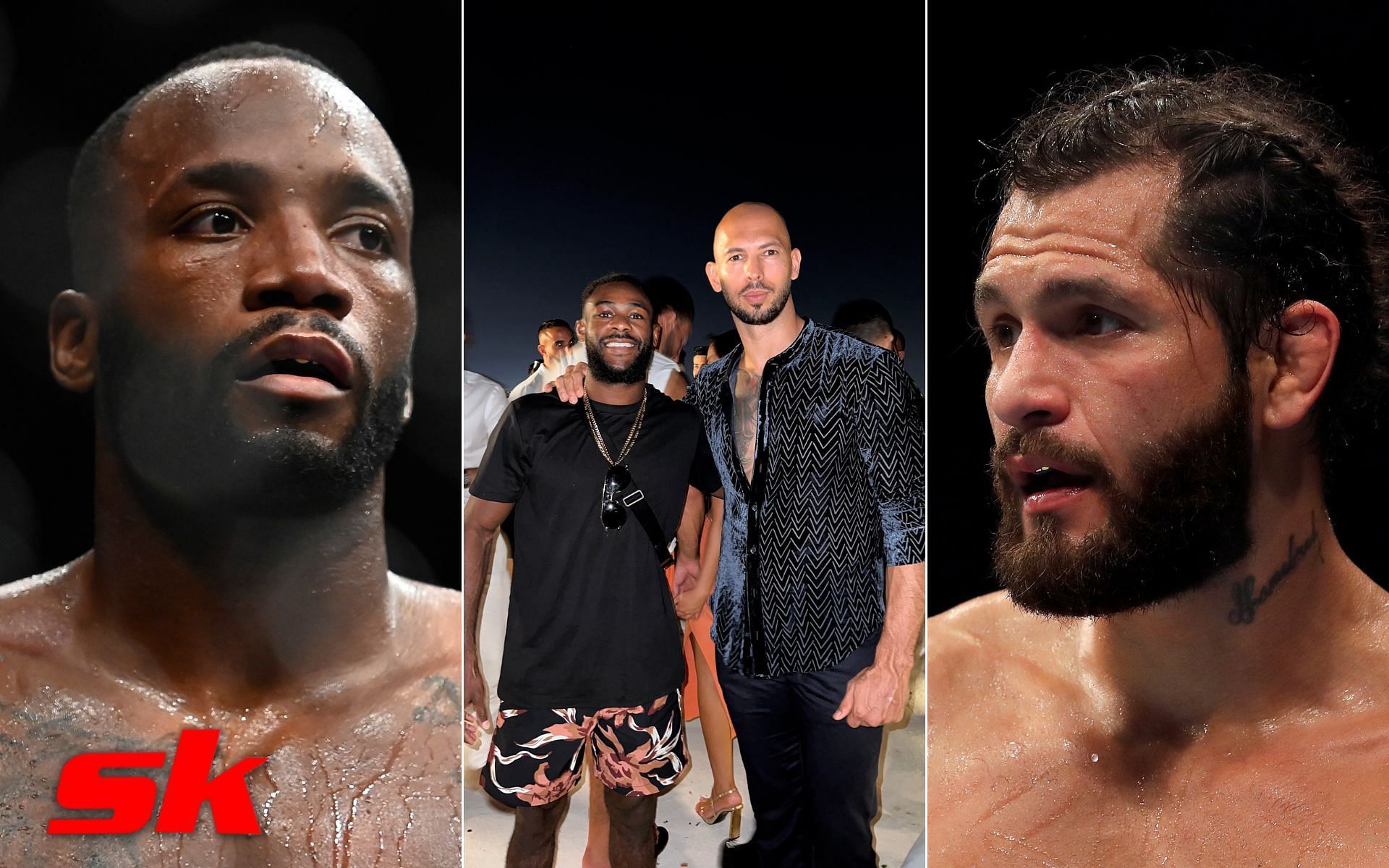 Leon Edwards (left), Aljamain Sterling with Andrew Tate (center - via @funkmasterMMA on Twitter), Jorge Masvidal (right)