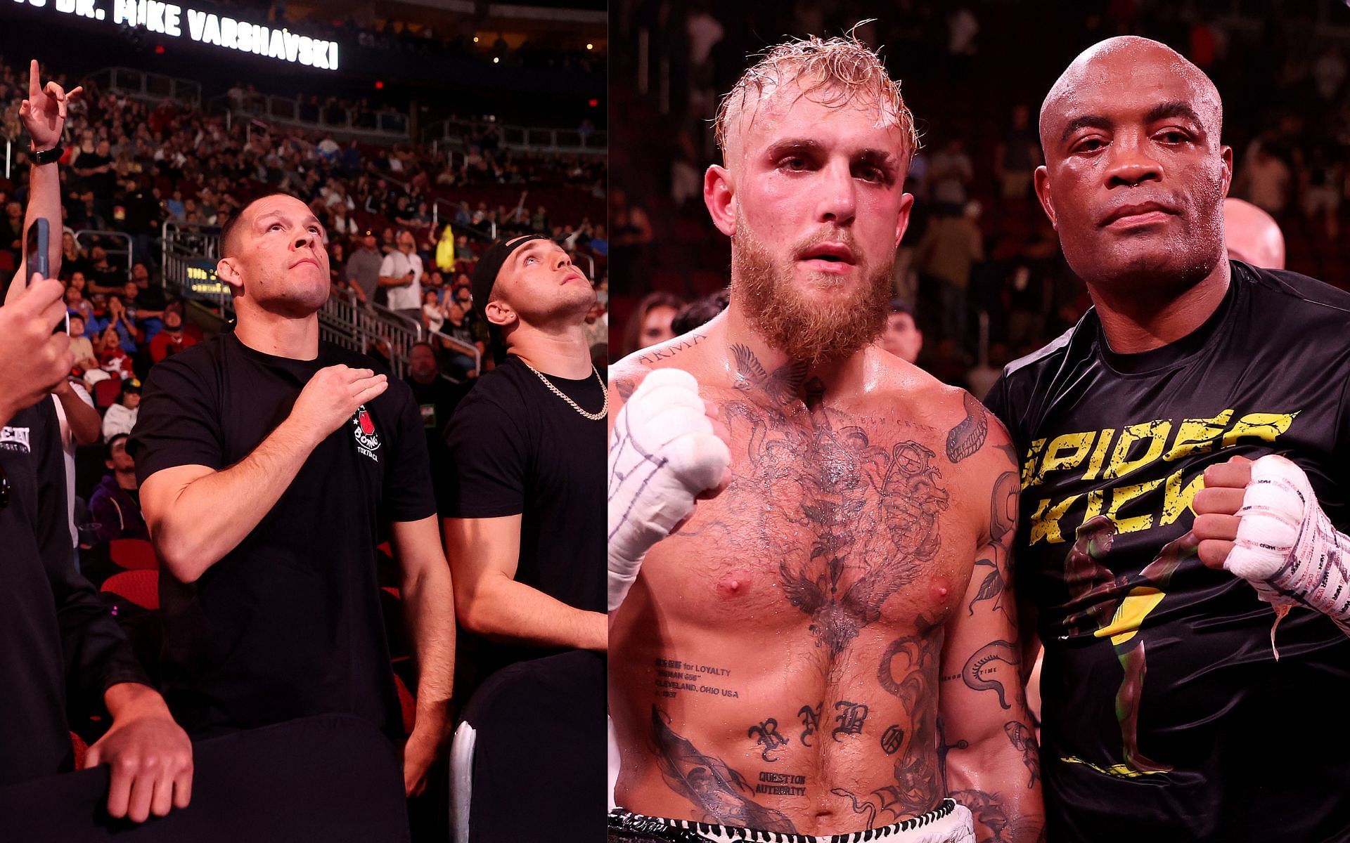 Nate Diaz in the crowd at Paul vs. Silca  (left) and Jake Paul with Anderson Silva (right) (Image credits Getty Images)