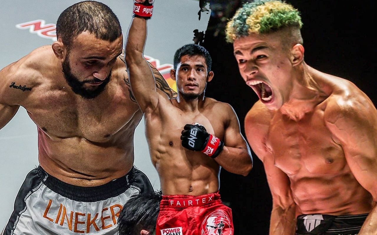 Stephen Loman (middle) breaks down the upcoming world title fight between John Lineker (left) and Fabricio Andrade (right). [Photos ONE Championship]
