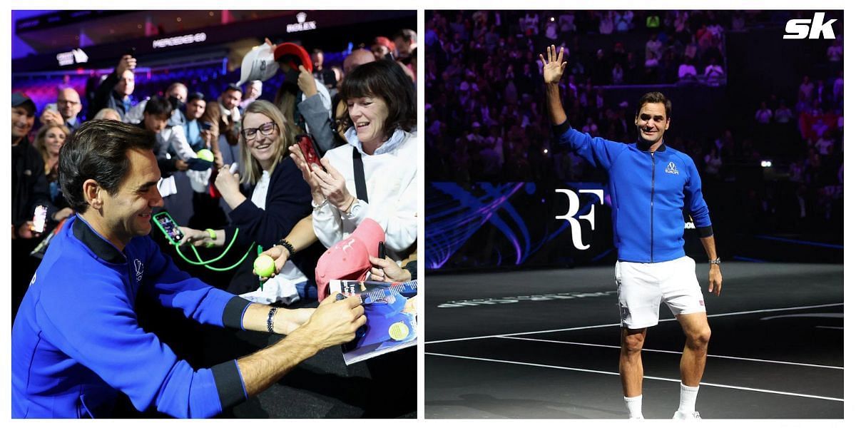 Roger Federer interacts with fans during the 2022 Laver Cup.