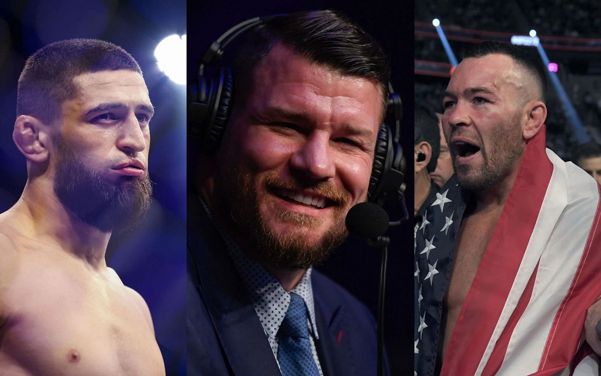Khamzat Chimaev (left), Michael Bisping (middle) and Colby Covington (right)