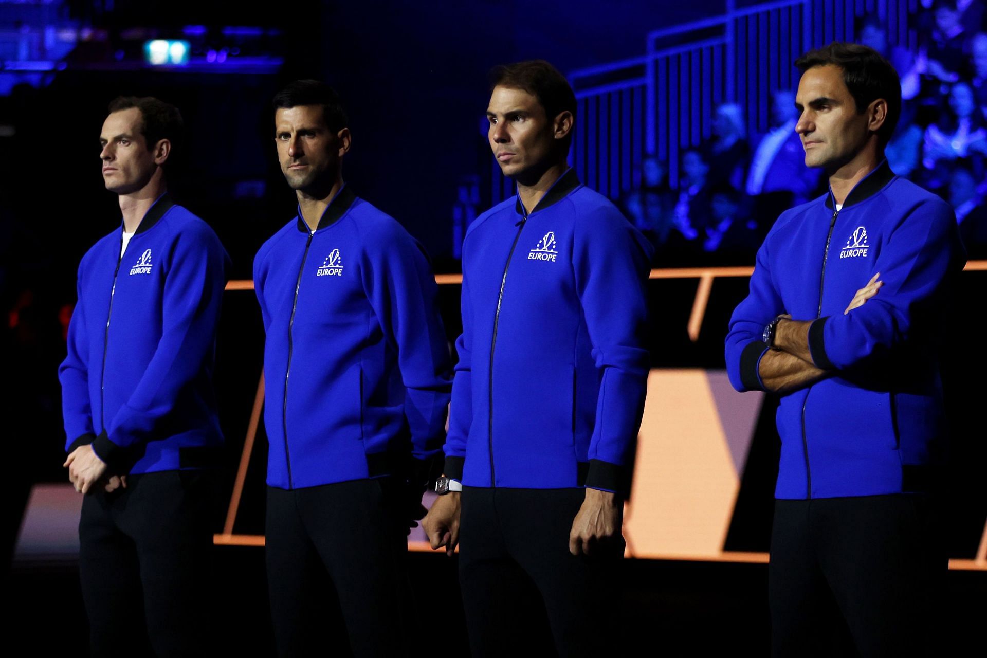Andy Murray (leftmost) and Rafael Nadal (second from right) with the rest of the Big 4 members, Novak Djokovic (second from left) and Roger Federer, as they represent Team Europe in last month&#039;s Laver Cup.