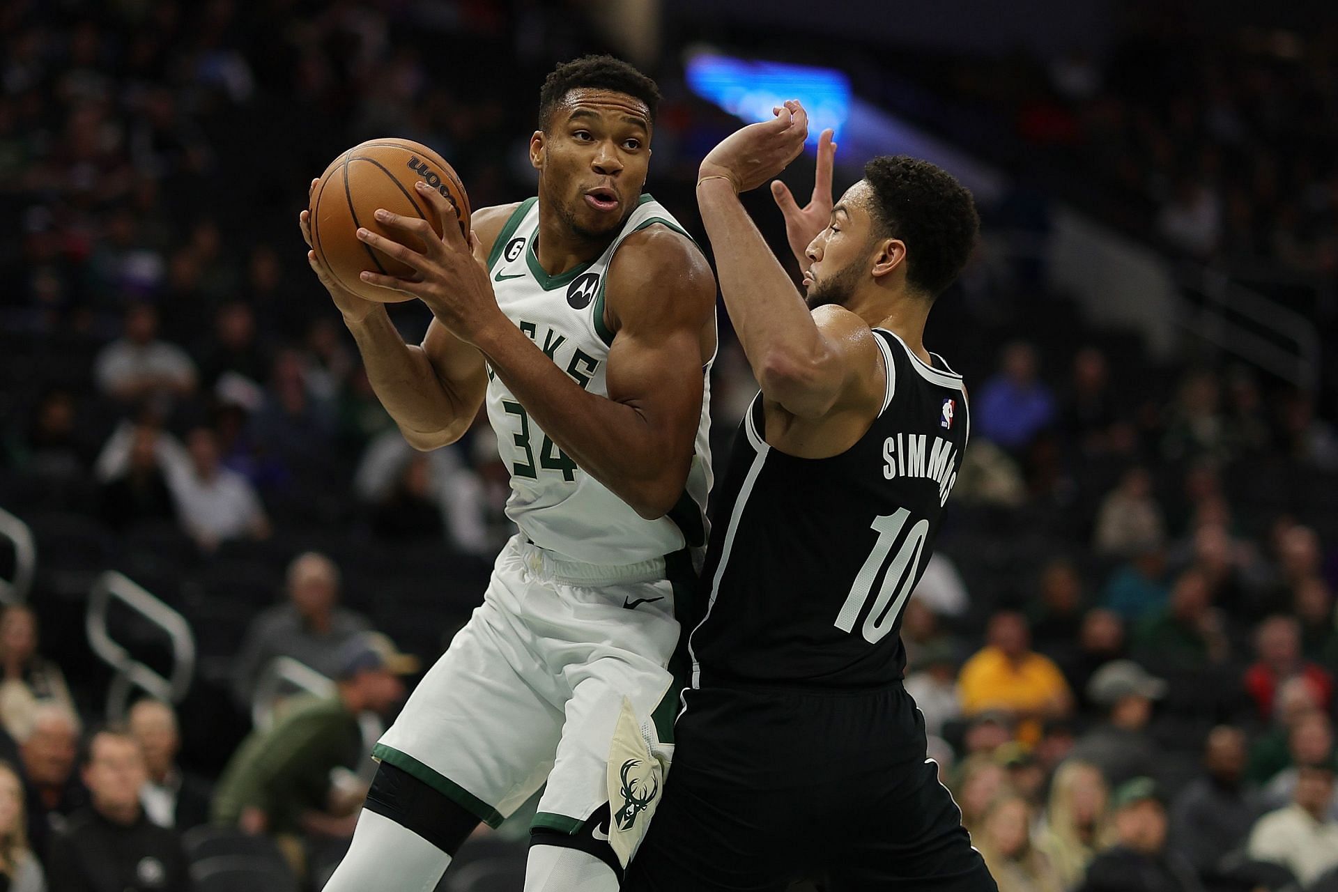 Brooklyn Nets&#039; Ben Simmons guarding supertar forward Giannis Antetokounmpo of the Milwaukee Bucks