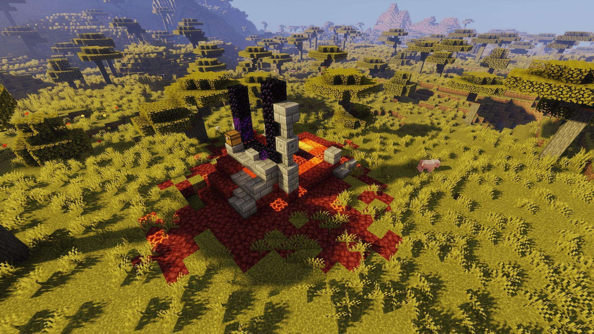 The ruined portal found at the spawn of this seed (Image via Minecraft)