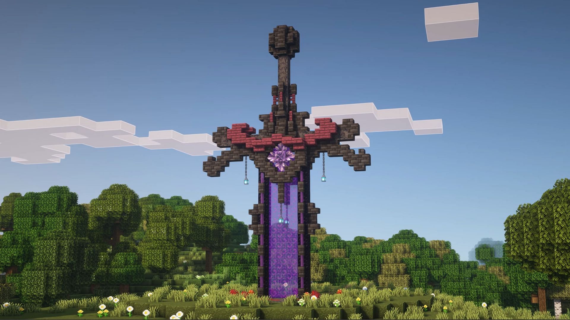 The nether portal sword in the Minecraft Overworld will have a hilt (Image via YouTube / Goldrobin)