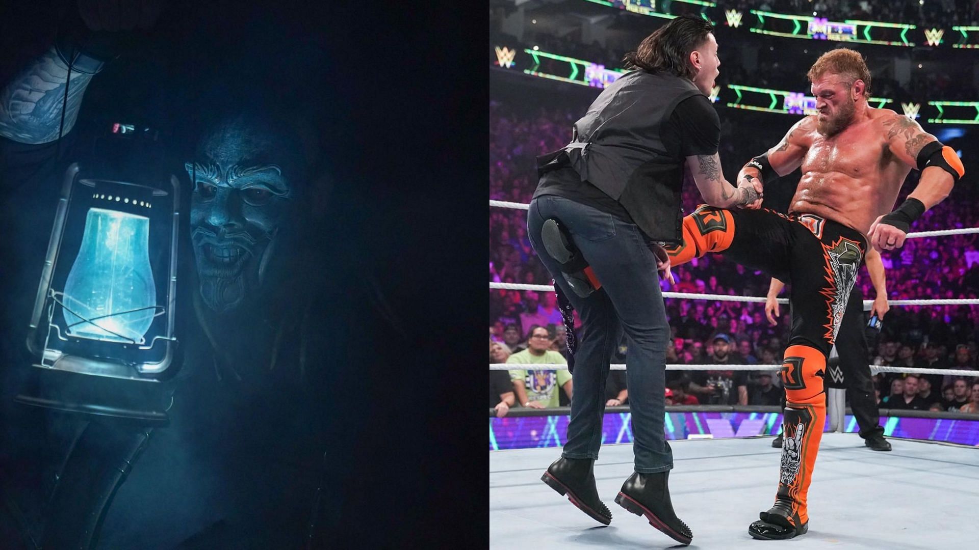 Bray Wyatt (left) and Edge with Dominik Mysterio (right)