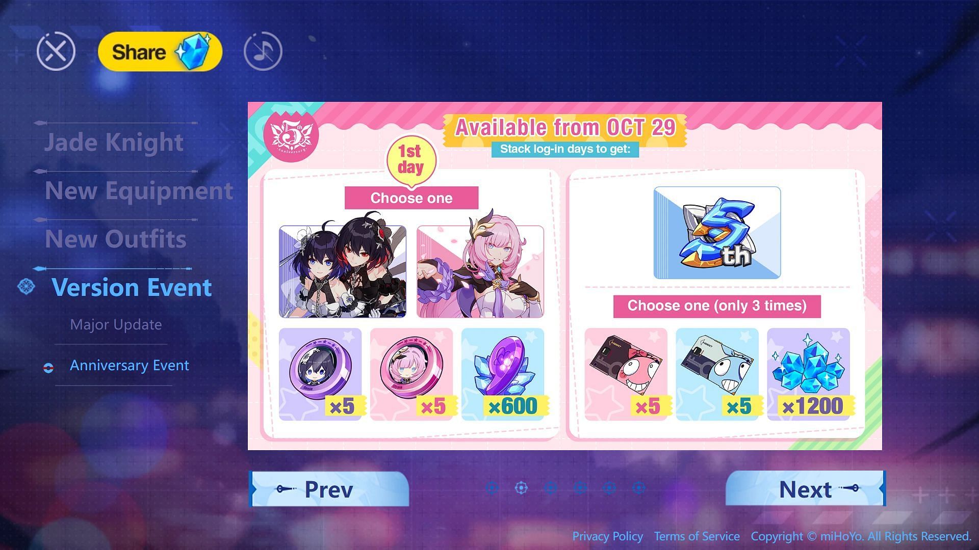 Available rewards after the update (Image via HoYoverse)