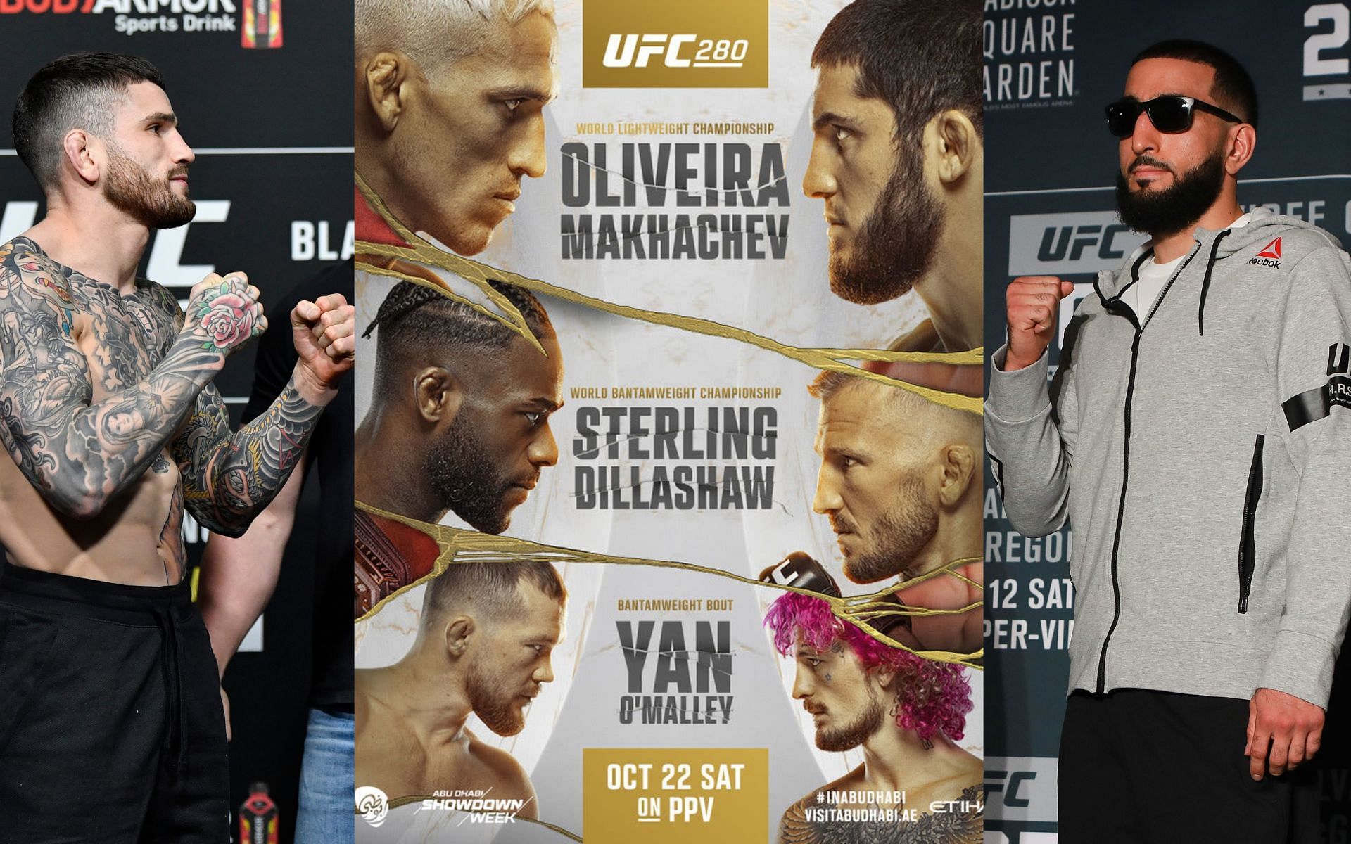 Sean Brady (left), UFC 280 official poster (center), Belal Muhammad (right). [Images courtesy: left and right images from Getty Images, center image from UFC]