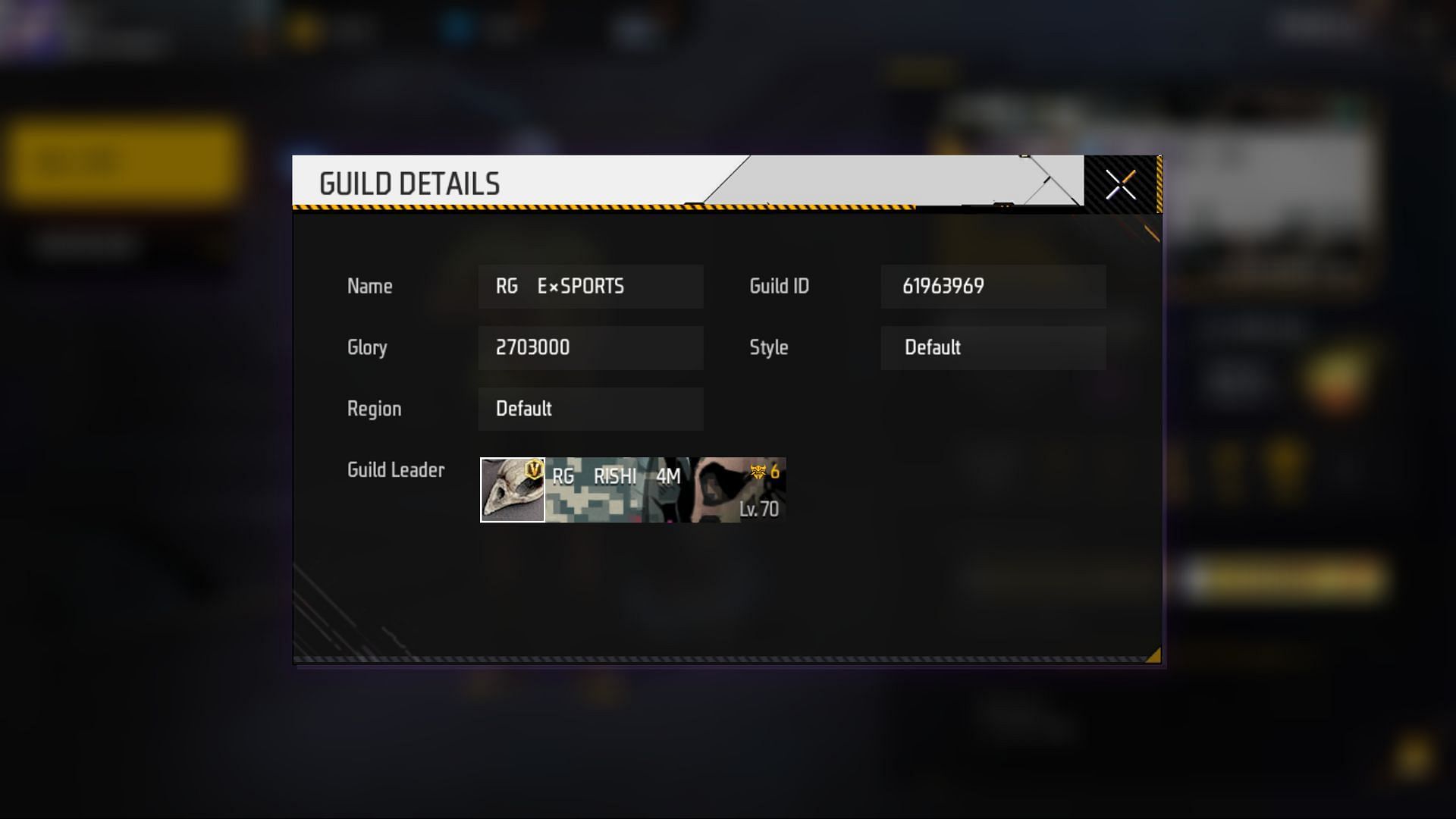 Rishi Gaming&#039;s guild details (Image via Garena)