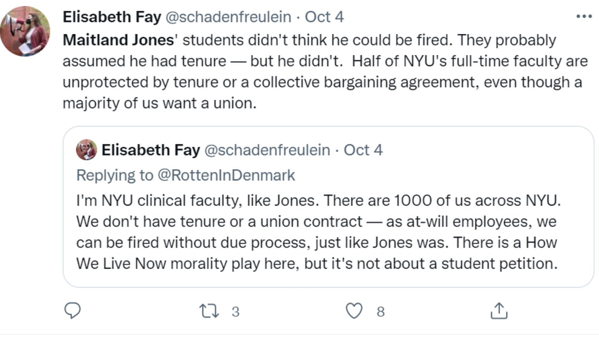 Elisabeth Fay, College of Arts &amp; Science, comments on the impact of the decision on NYU faculty (Image via @schadenfreulein/Twitter)