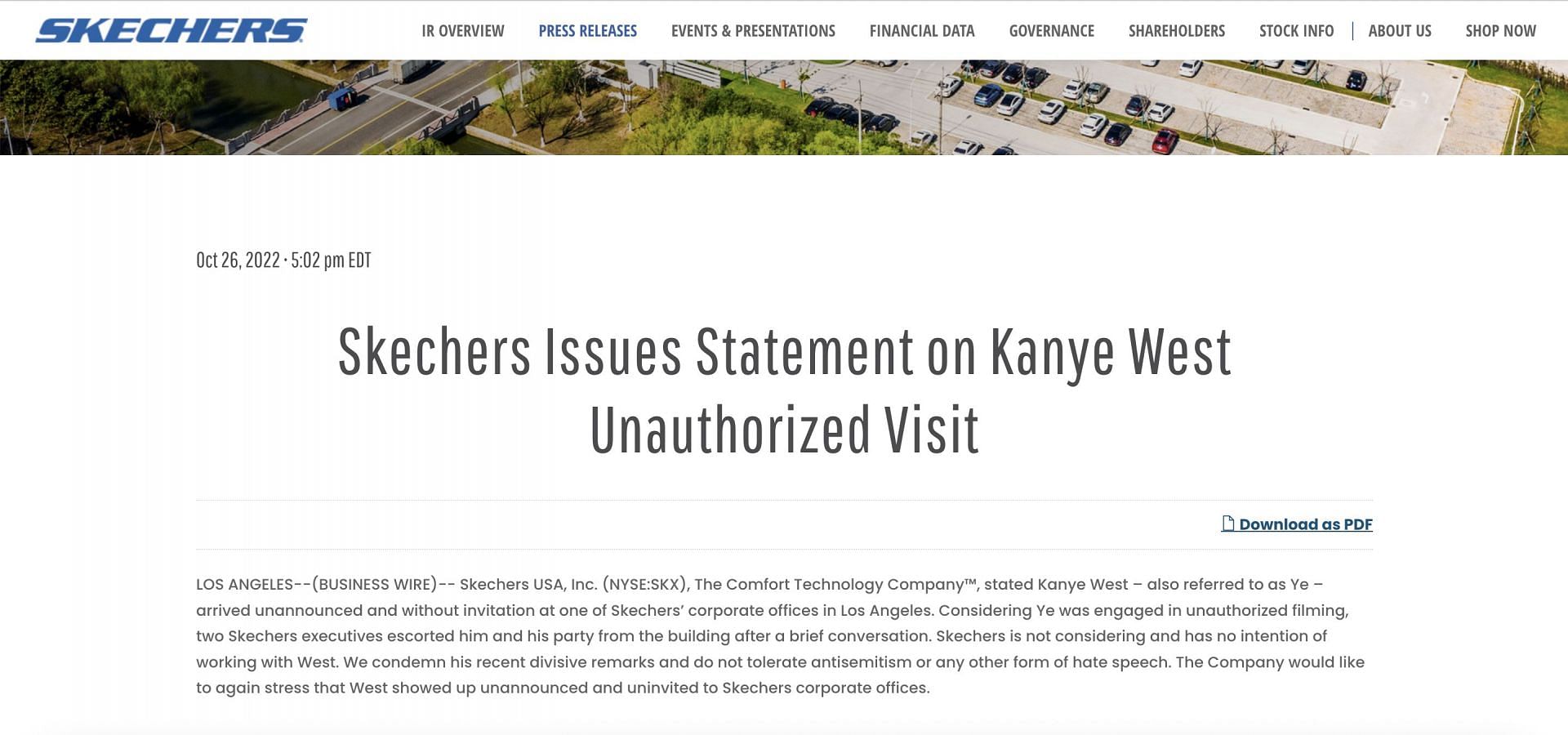 Skechers issued an official statement clarifying that Kanye walked in unannounced, and the brand had no intention of meeting or working with him. (Image via Skechers)