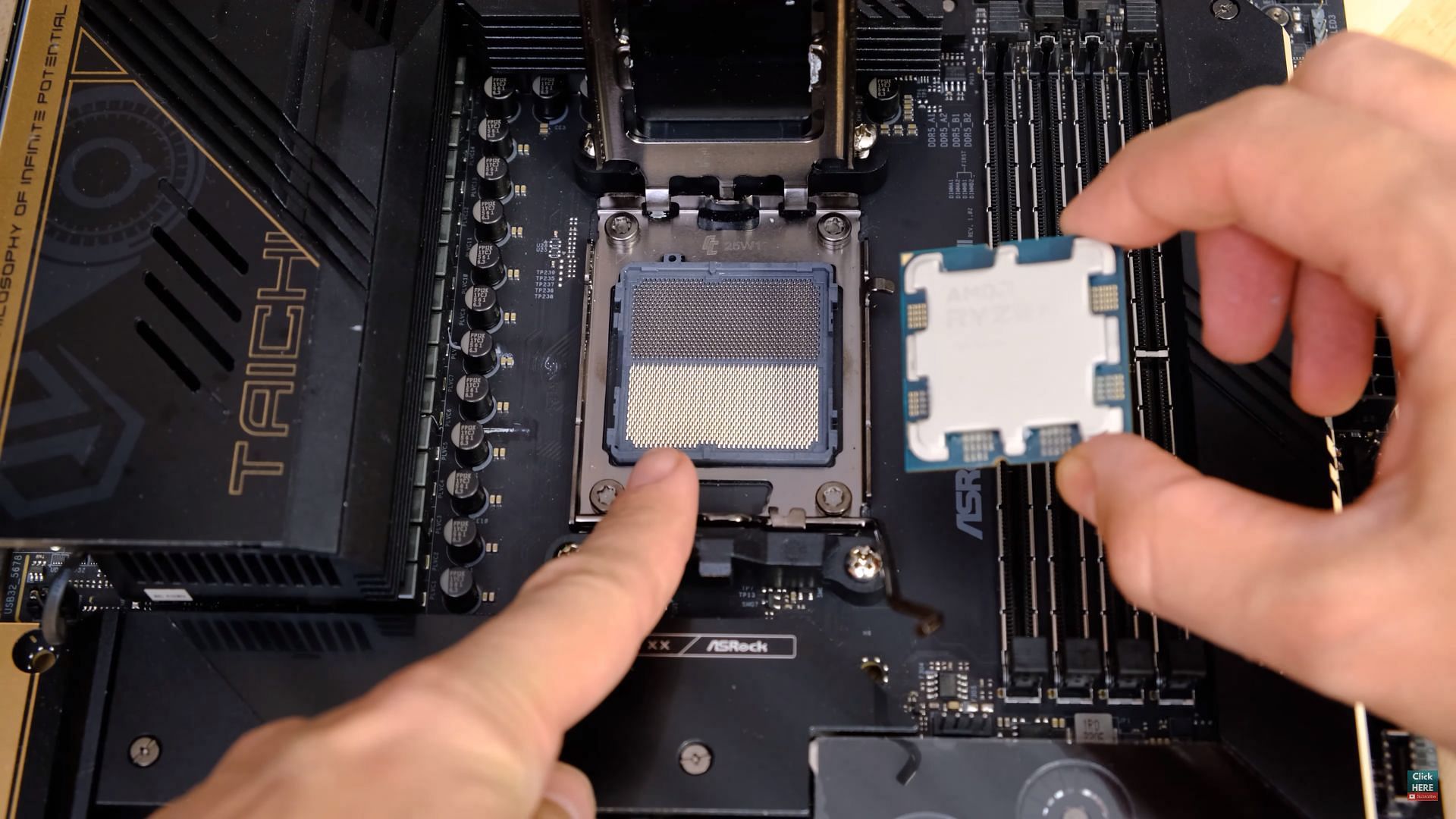 Extra care should be taken to ensure the Ryzen 7000 processor is lined up with the socket correctly (Image via CrazyTechLab/YouTube)