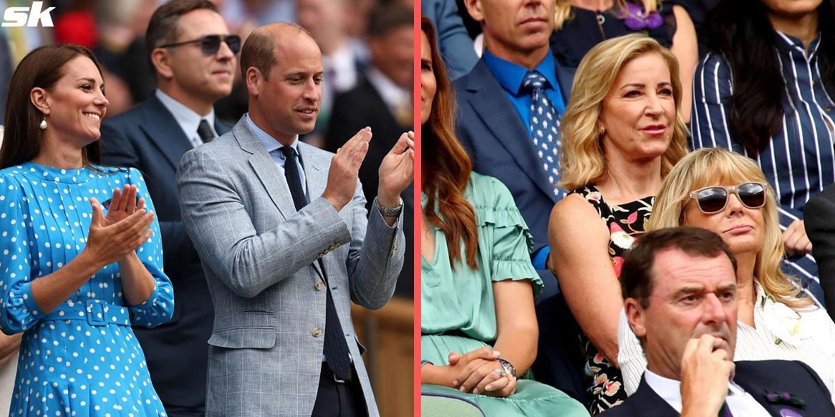 Prince William and Kate Middleton, Princess of Wales at Wimbledon (L); Chris Evert at Wimbledon (R).