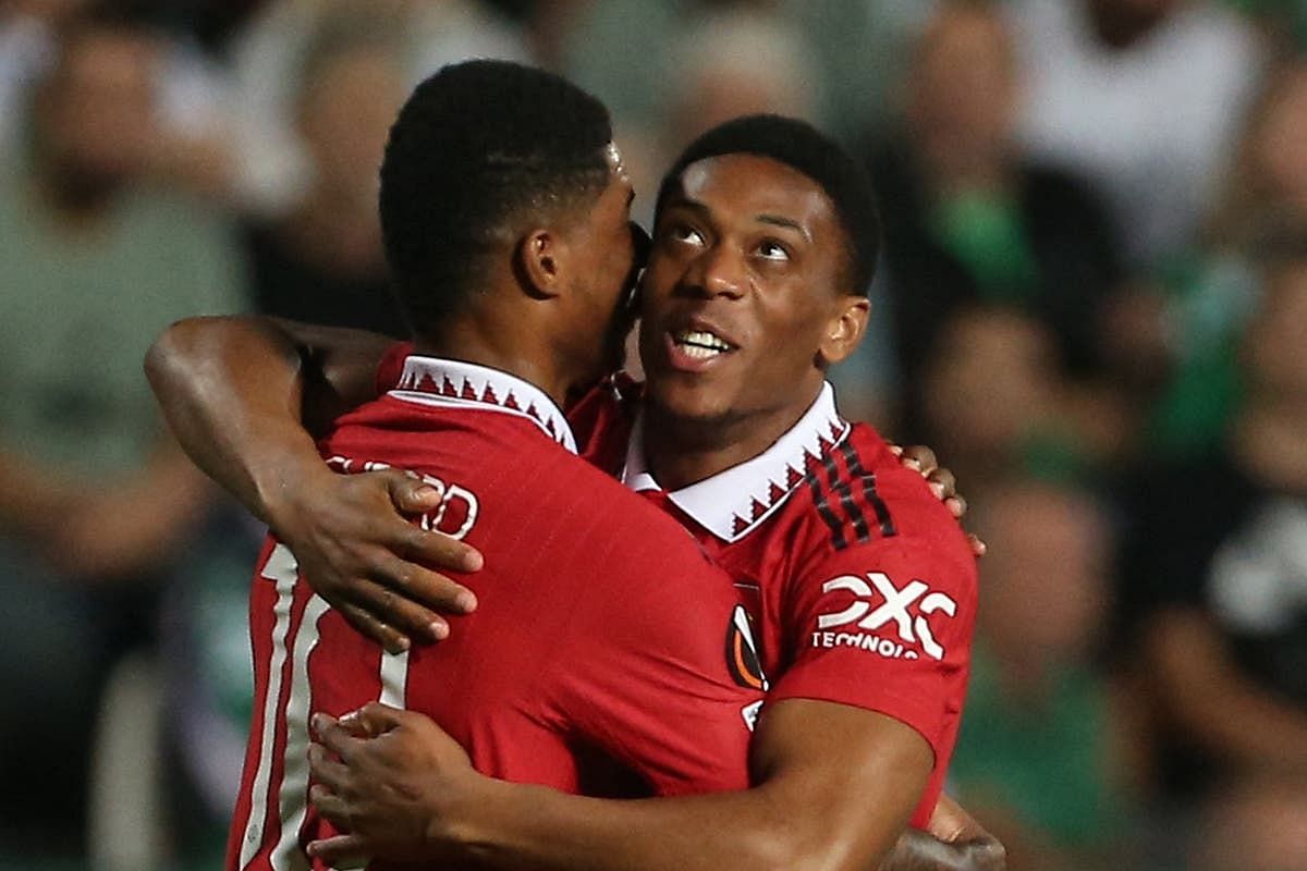 Marcus Rashford and Anthony Martial celebrate their team