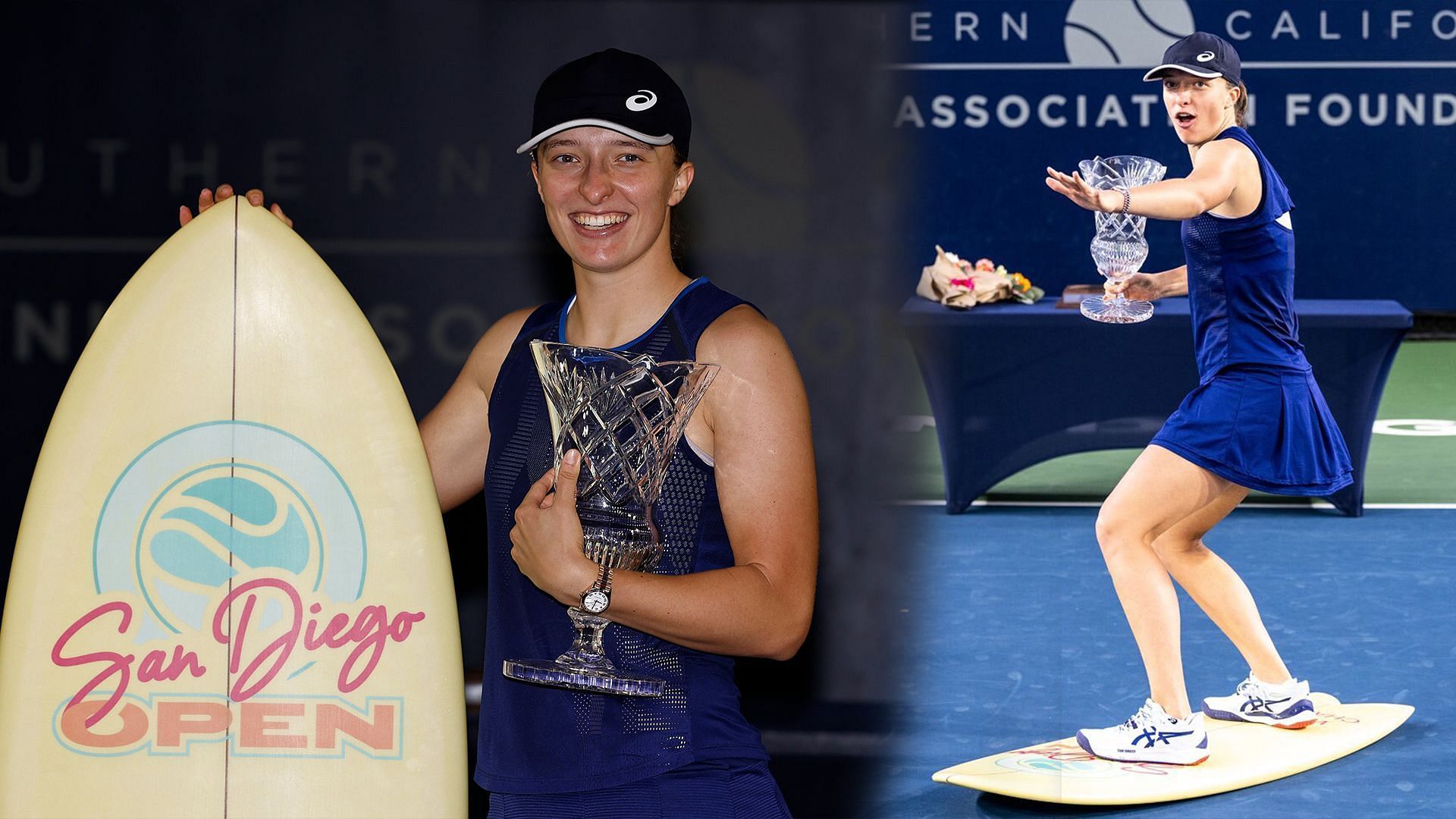 Iga Swiatek poses on the surfboard after winning the San Diego Open