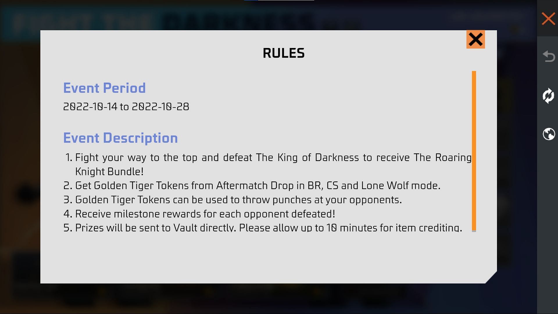 The event rules for the Fight the Darkness event (Image via Garena)