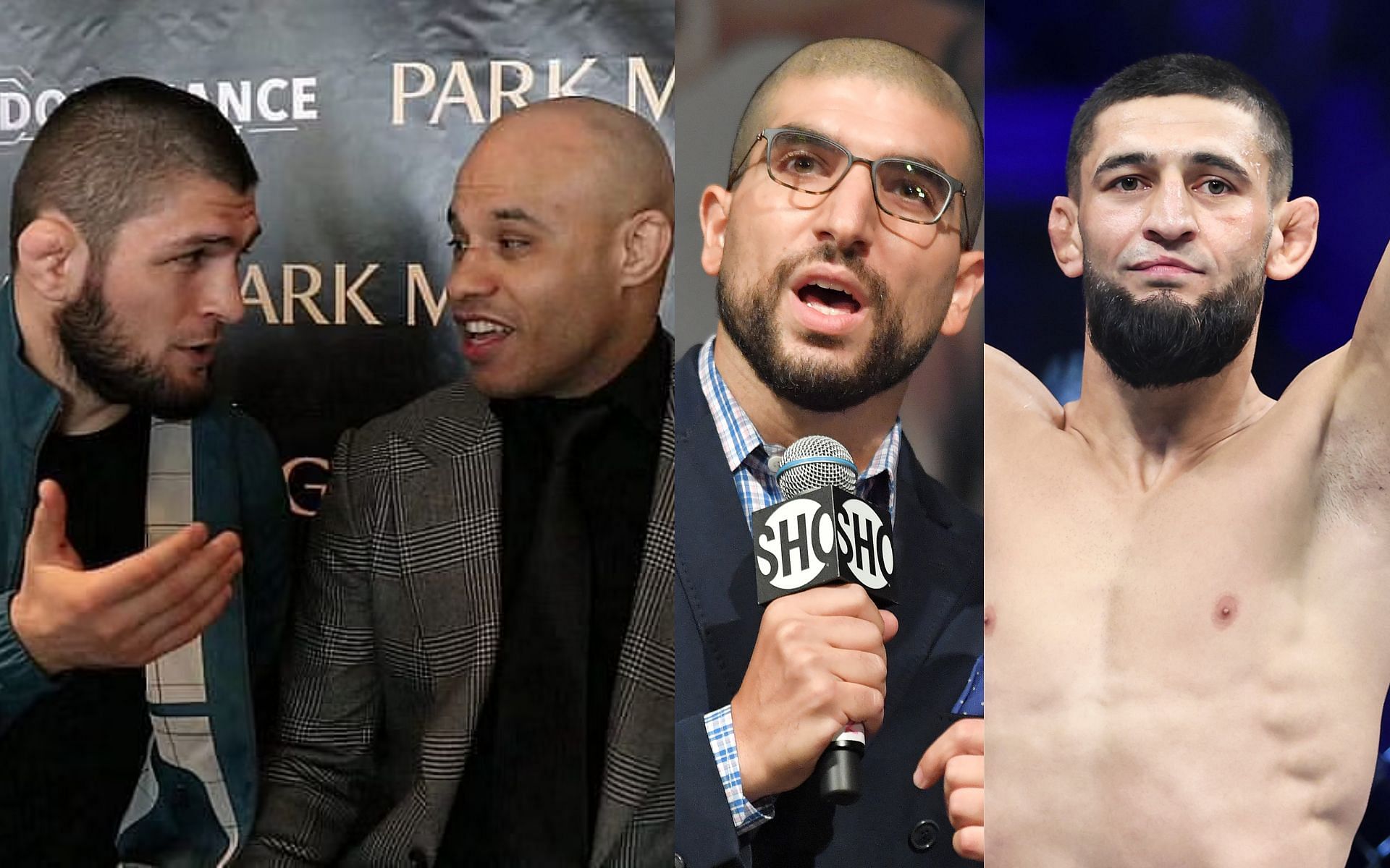 Khabib Nurmagomedov and Ali Abdelaziz (left), Ariel Helwani (center), and Khamzat Chimaev (right). [Images courtesy: left image from firstsportz.com, center and right images from Getty Images]