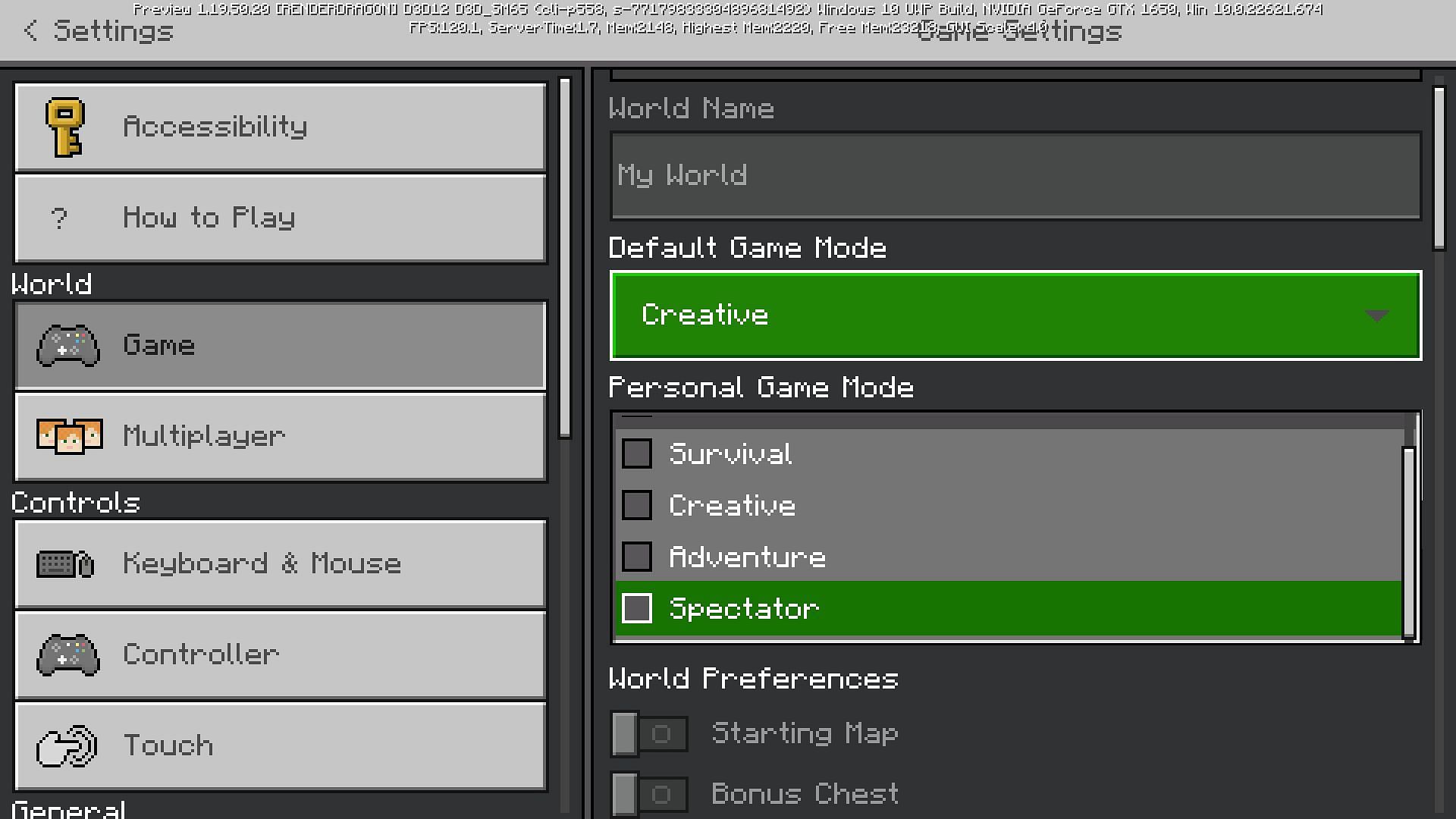 The spectator mode will be available under the personal game mode tab in Minecraft Bedrock Edition (Image via Mojang)