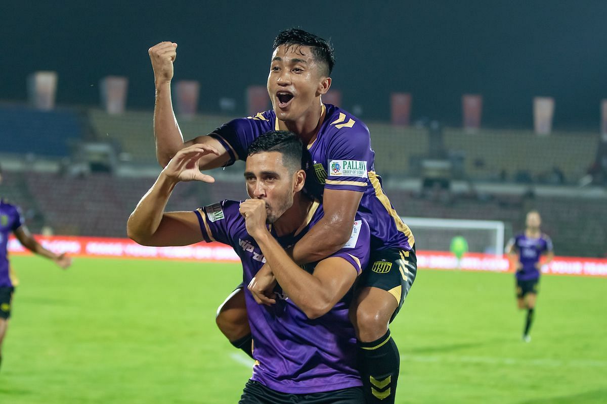 Borja Gonzalez and Mohammad Yasir celebrate Hyderabad FC's third goal against NorthEast United FC. [Credits: ISL]