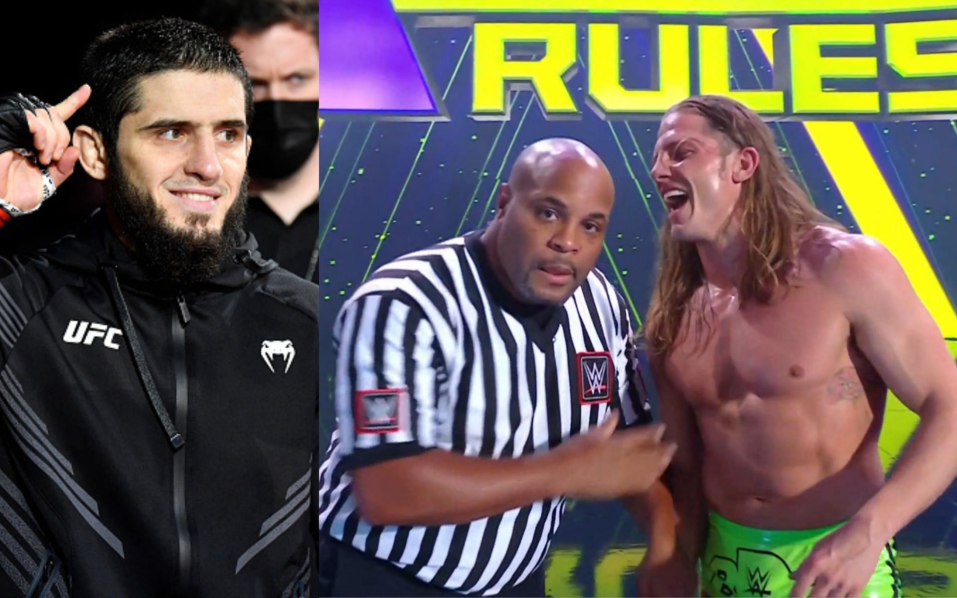 Islam Makhachev (left), Daniel Cormier and Matt Riddle (right. Image credit: @WWEonFox on Twitter)