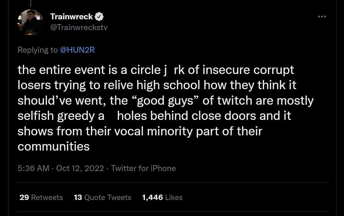 Twitch streamer Trainwreck comments on TwitchCon audiences (Image via Twitter)