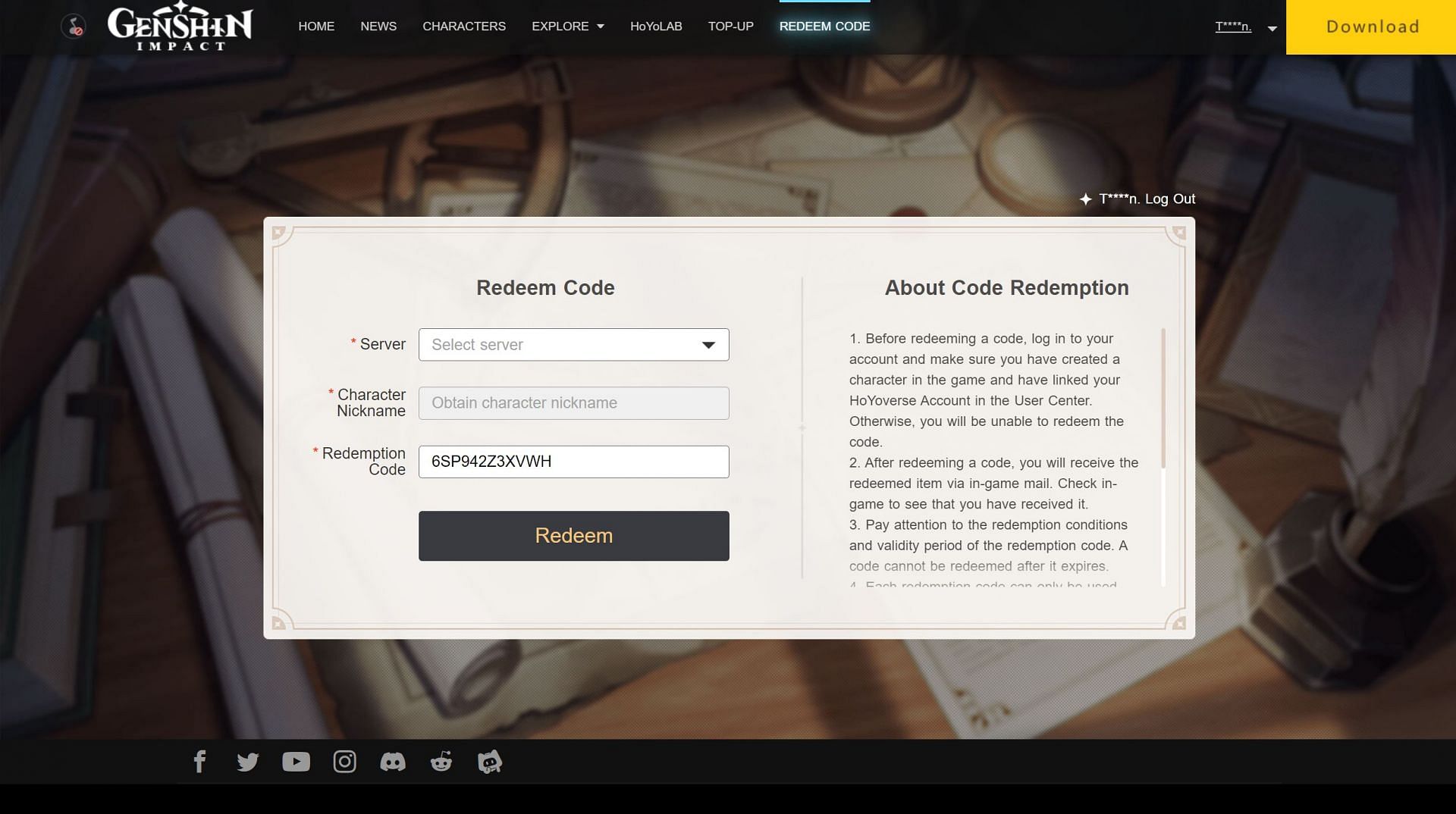The code redemption page (image via HoYoverse)