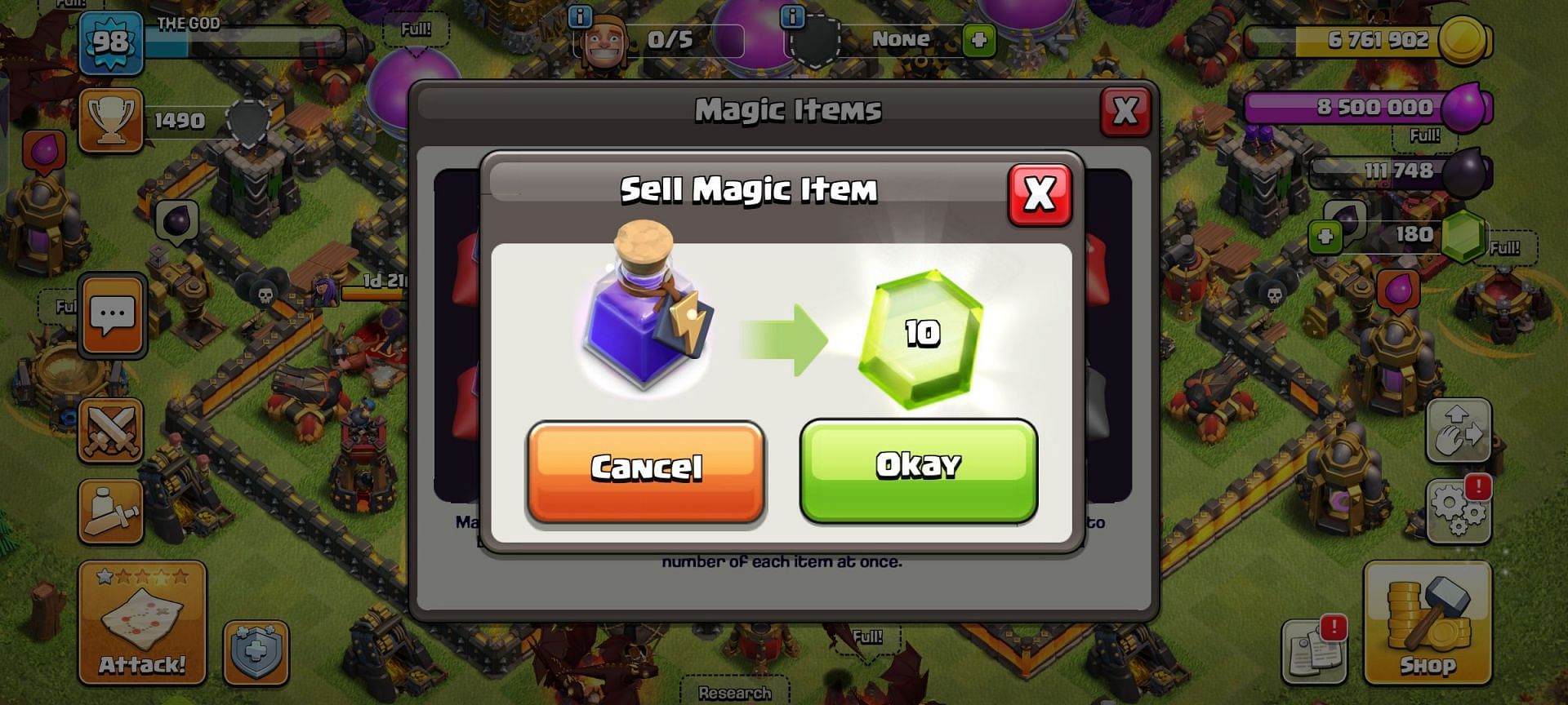 Gamers may sell Magic Items to get gems (Image via Supercell)