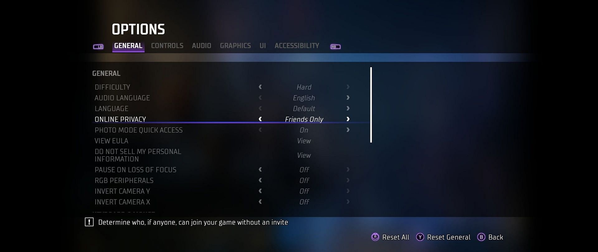 Adjusting privacy settings in the menu (In-game screenshot)