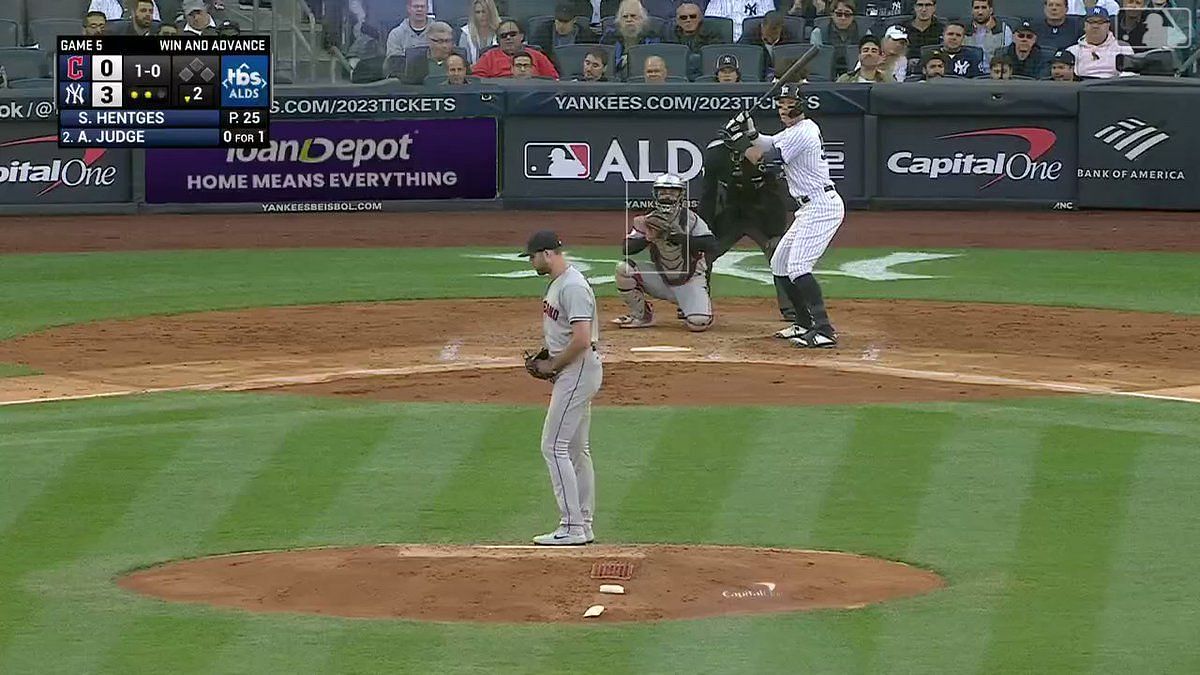 Man falls two rows forward after failing to land a punch during New York Yankees  vs Cleveland Guardians game