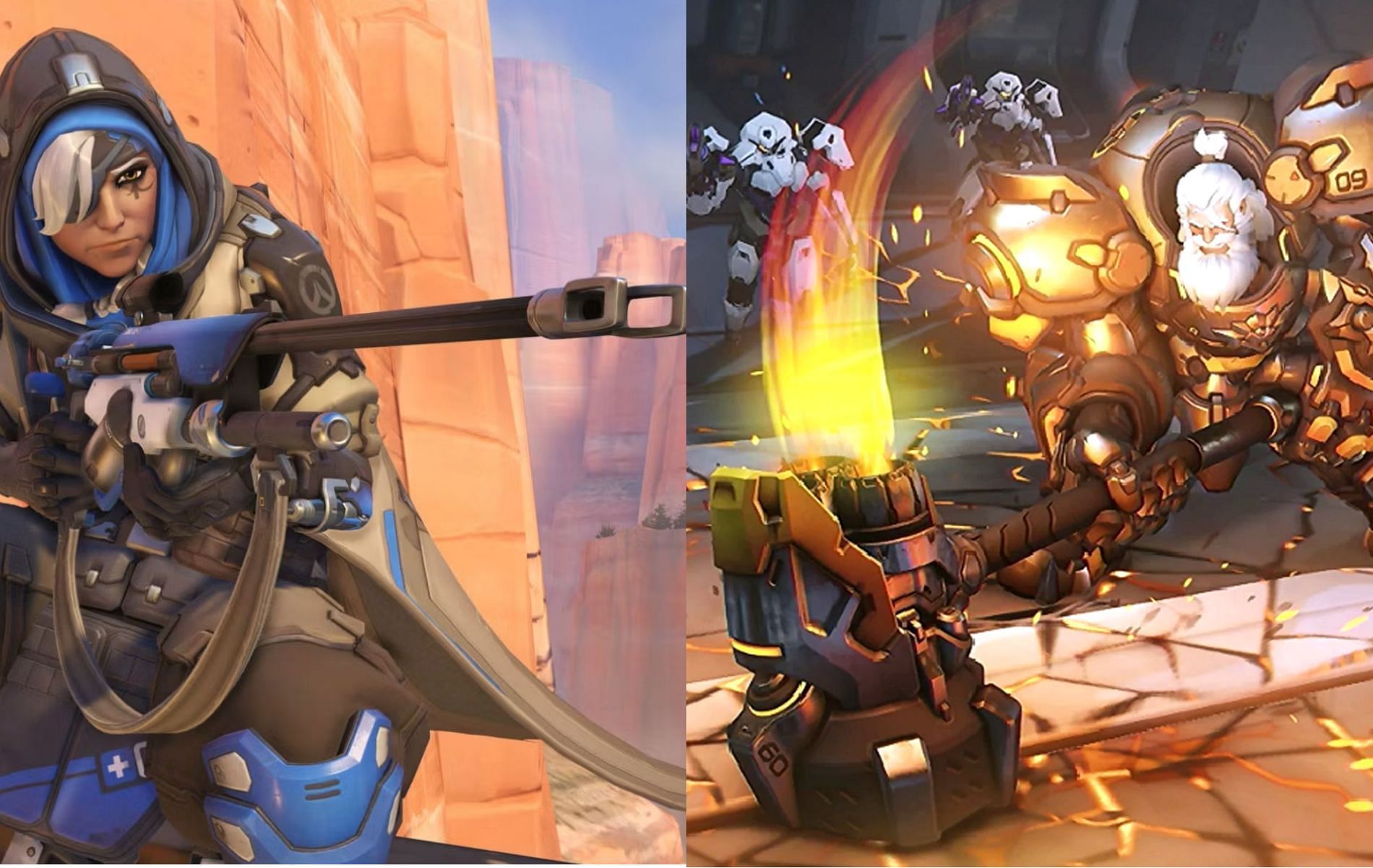 Ana (left) and Reinhardt (right) are a solid Tank and Support duo to rely upon (Images via Blizzard Entertainment)