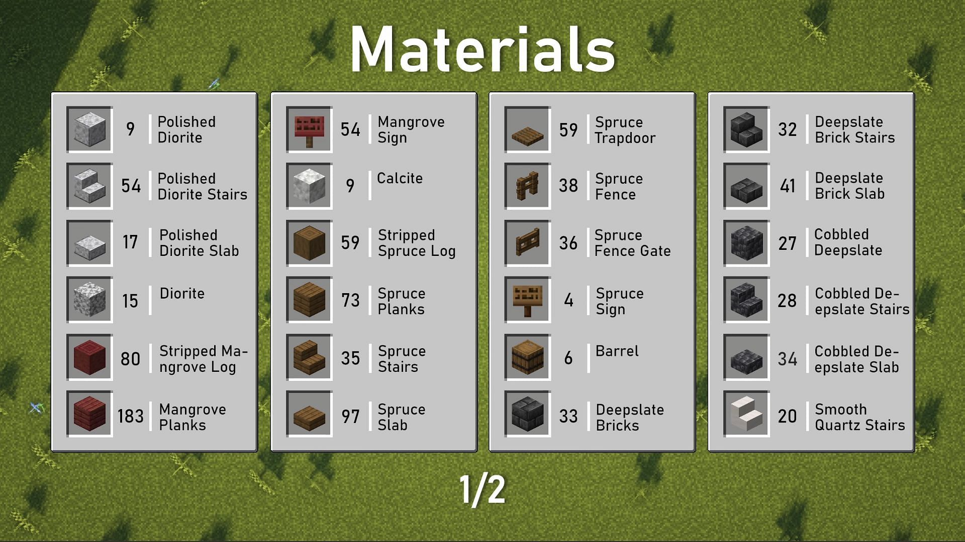 The first set of resources needed for a Minecraft barn (Image via Mojang || YouTube/Goldrobin)