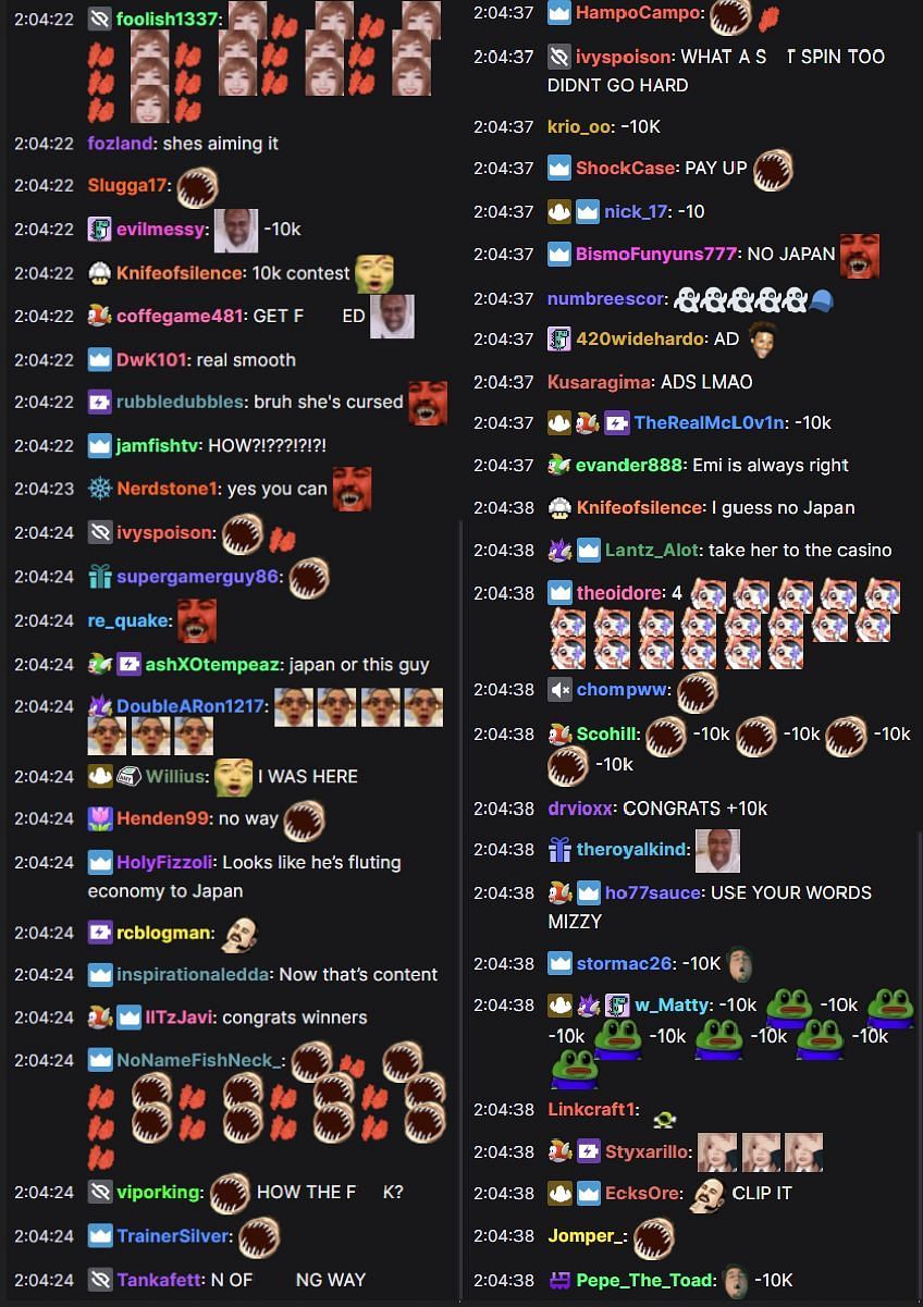 Fans in the Twitch chat reacting to the streamer losing $10,000 (Image via Mizkif/Twitch)