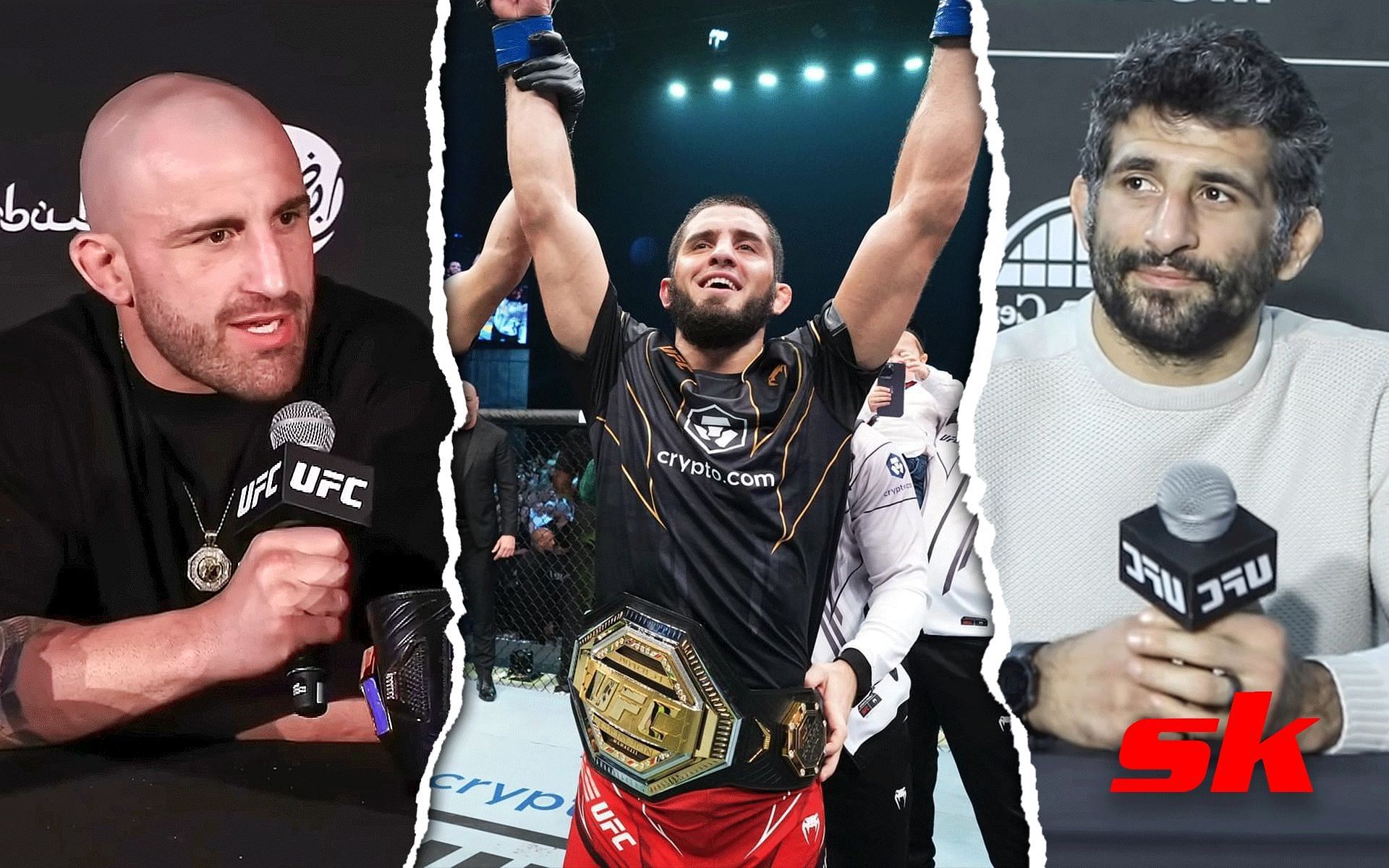 Alexander Volkanovski (Left), Islam Makhachev (Middle), Beneil Dariush (Right) [Image courtesy: @UFC, @TheMacLife on YouTube, @UFC on Instagram]