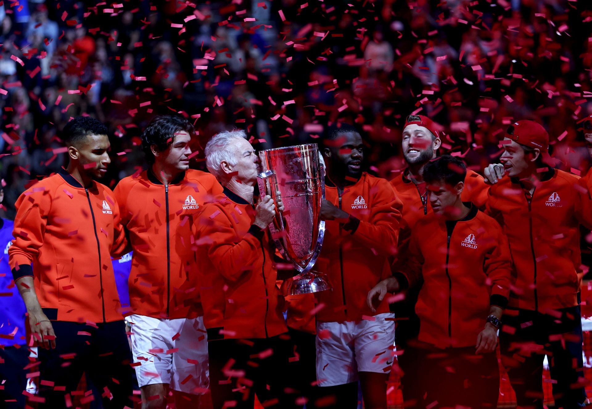 Frances Tiafoe (center) as Team World celebrate winning the 2022 Laver Cup