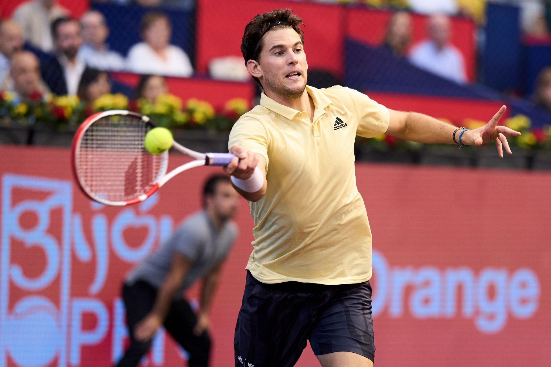 Dominic Thiem plays a forehand in his semi-final match against Andrey Rublev at the 2022 Gijon Open