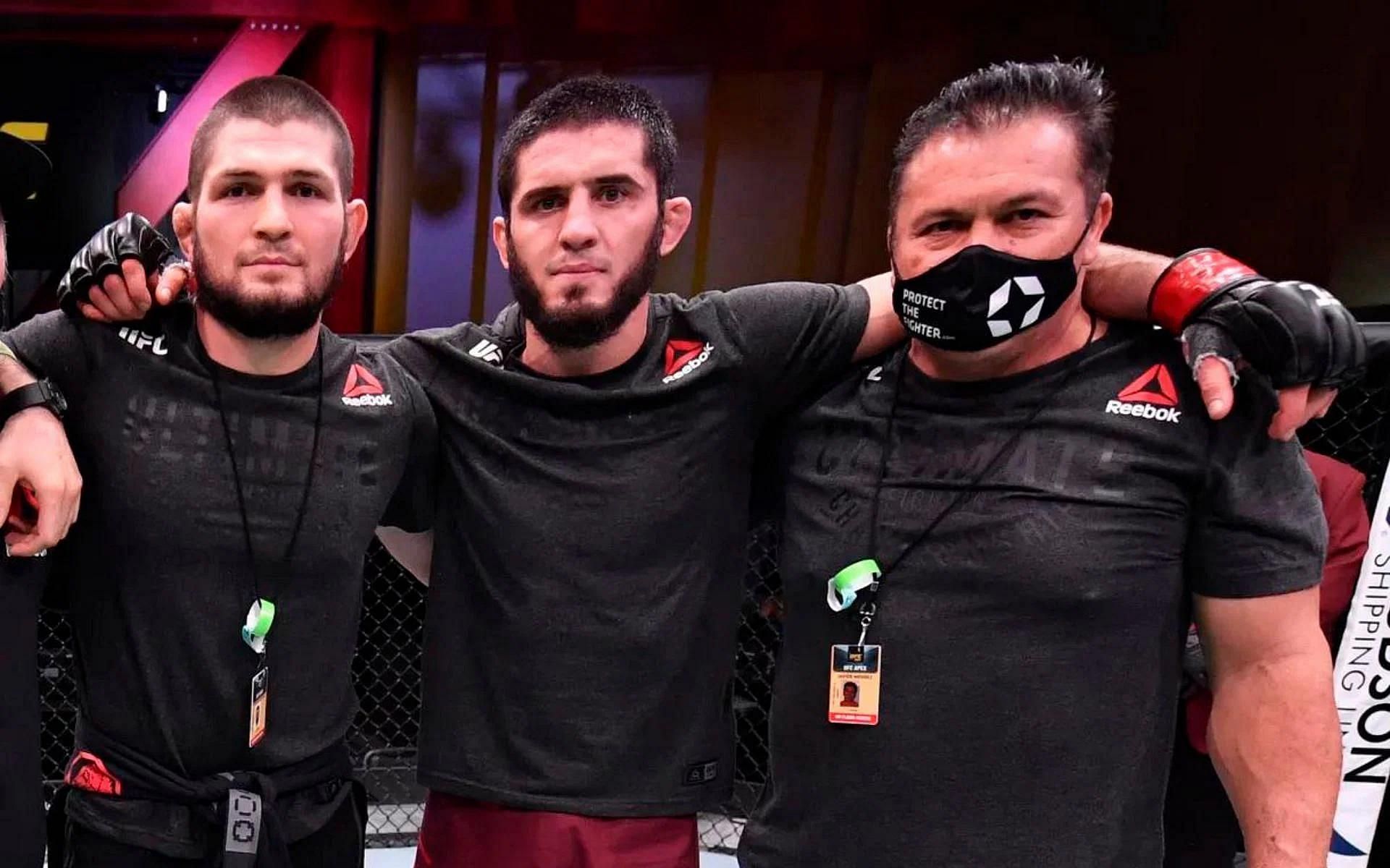 From left to right: Khabib Nurmagomedov, Islam Makhachev, and Javier Mendez [image courtesy of Jeff Bottari/Zuffa LLC]