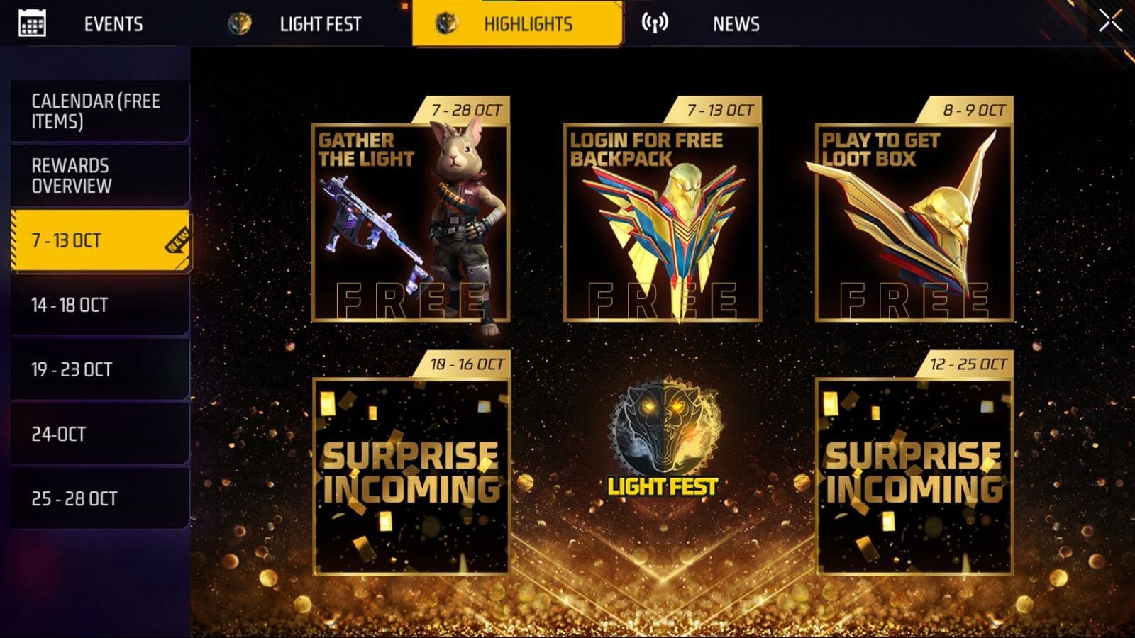 Light Fest इवेंट सेक्शन (Image via Garena)