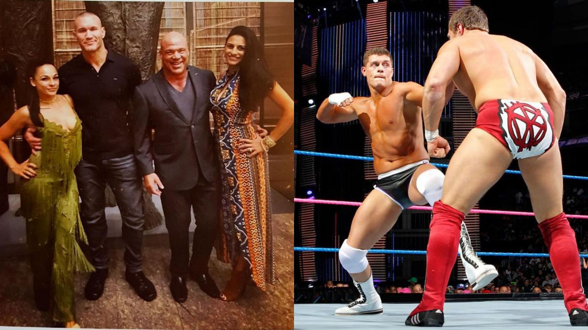 Randy Orton &amp; Kurt Angle with their wives (left) and Bryan Danielson with Cody Rhodes (right)