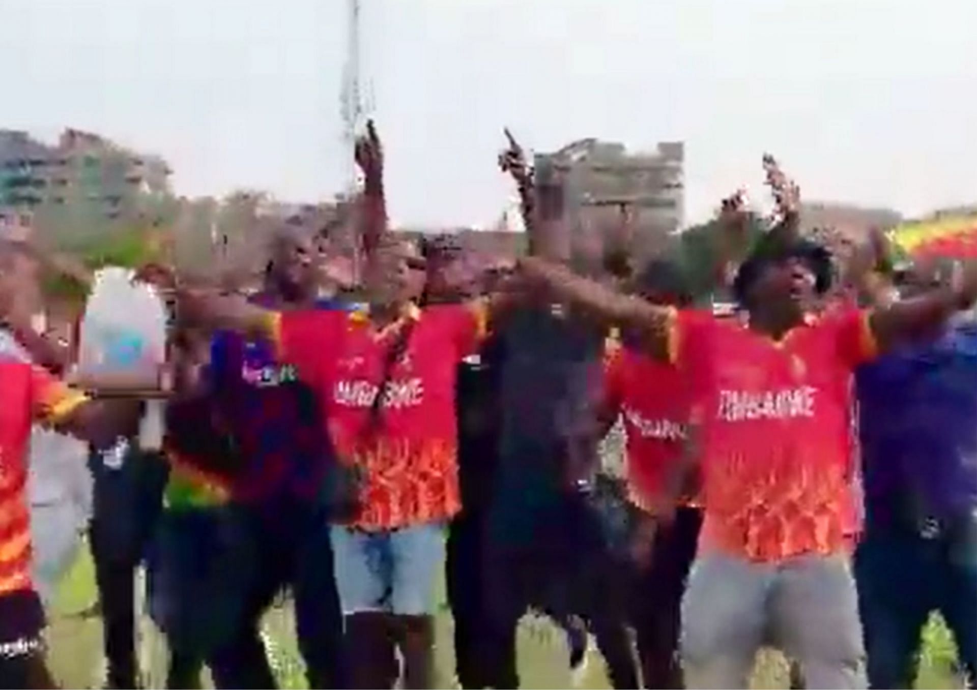 It was celebration time in Zimbabwe after the Chevrons pulled off a thrilling victory over Pakistan at the T20 World Cup (Screengrab via Twitter/Zimbabwe Cricket).