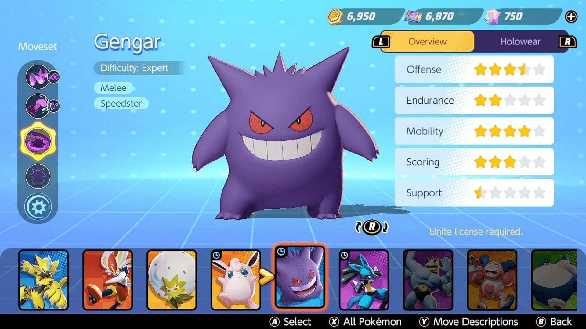 Gengar in Pokemon Unite&#039;s character select screen (Image via The Pokemon Company)