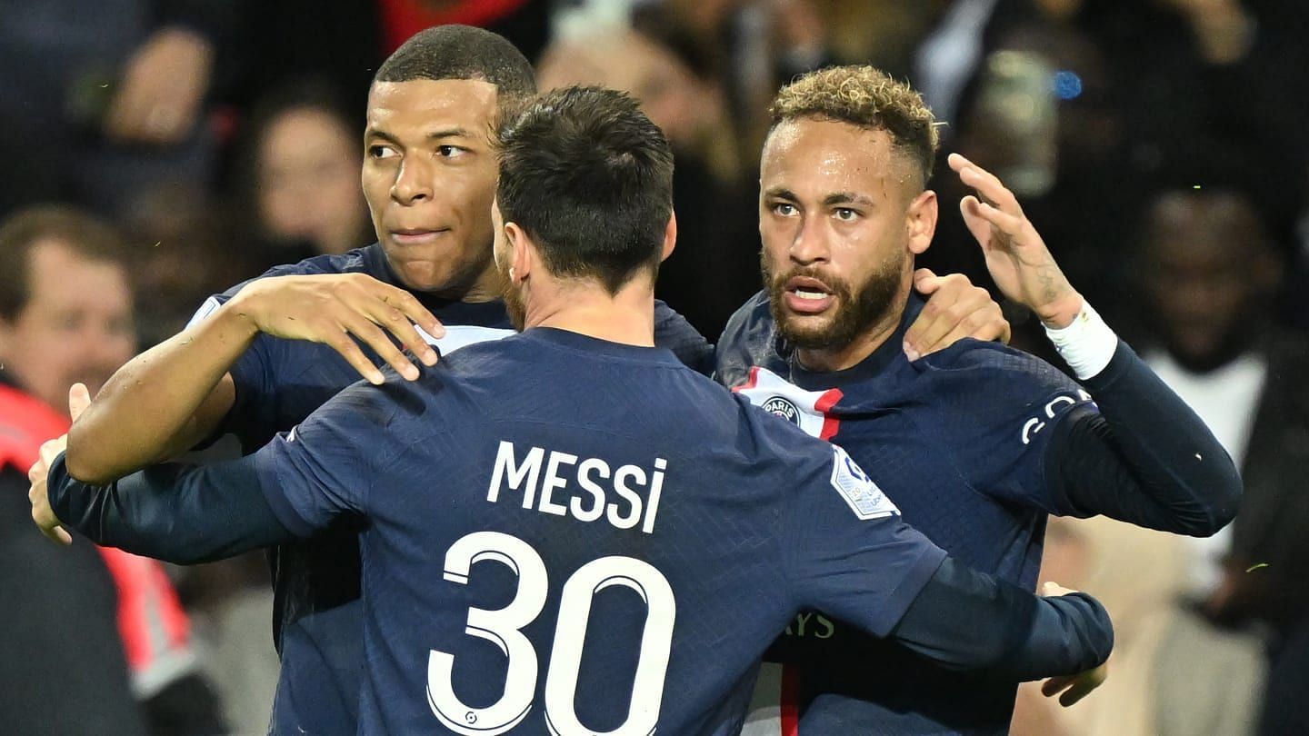 Kylian Mbappe, Lionel Messi and Neymar celebrate after their side