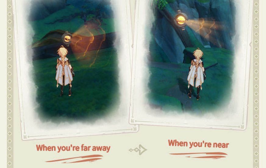 The difference of Banu&#039;s Wisdom AoE when nearing the location (Image via HoYoverse)