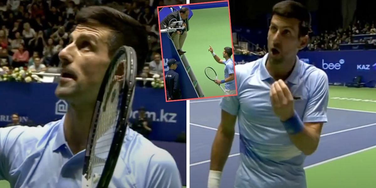 Novak Djokovic argues with the chair umpire during the Astana Open semifinals.