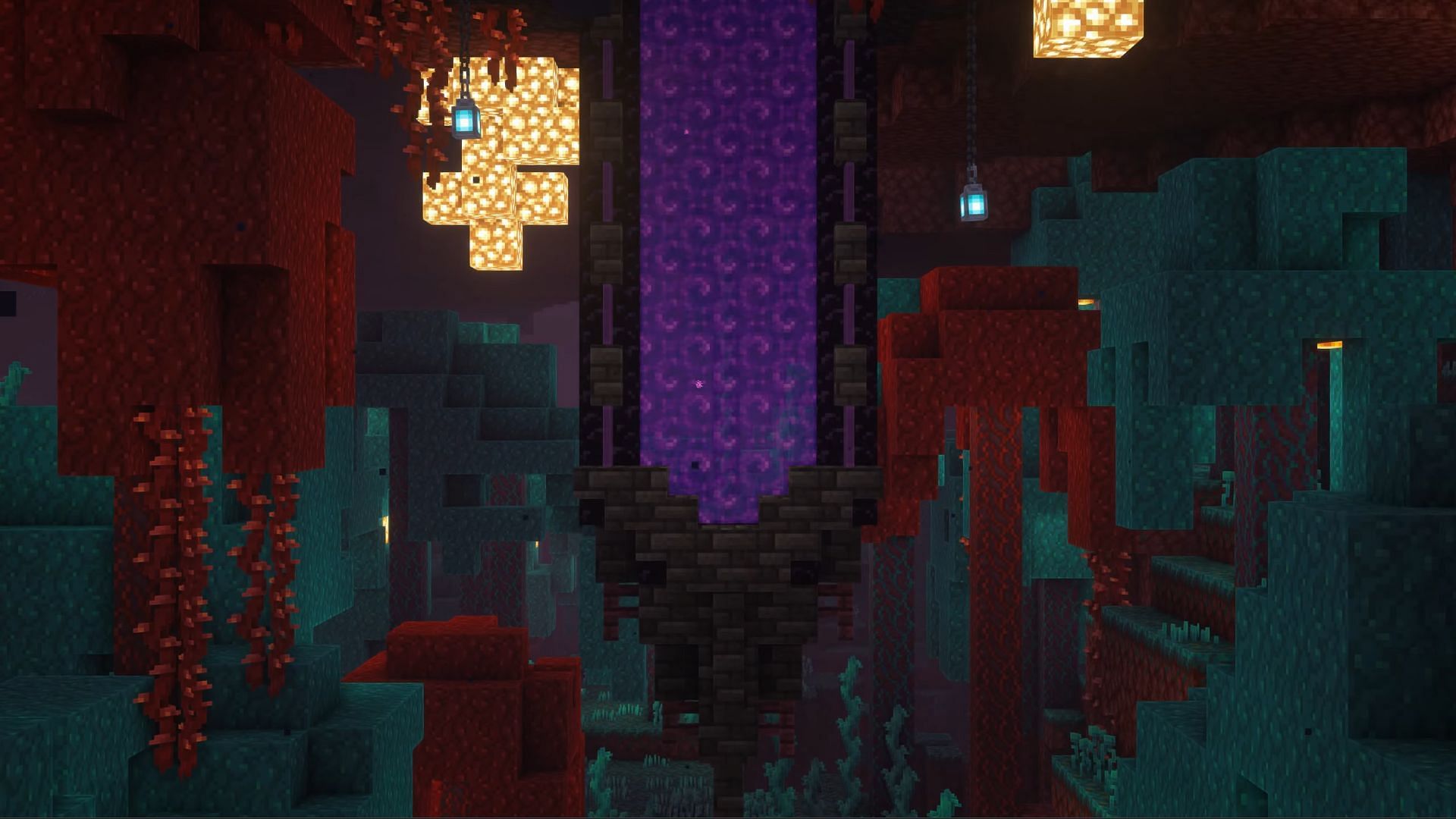 Nether side of the sword portal will have the rest of the blade stuck to the ceiling of the Minecraft realm (Image via YouTube / Goldrobin)