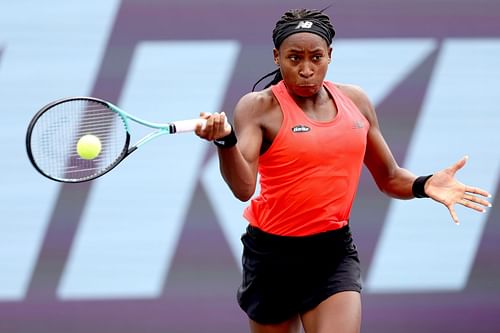 Coco Gauff swings a forehand in her second-round match at the Guadalajara Open