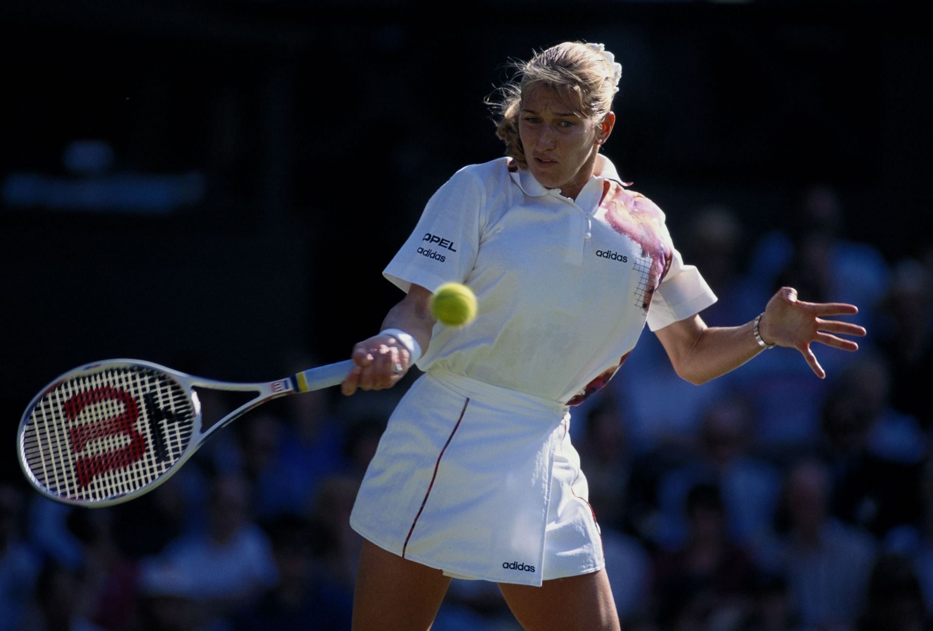 Graf plays a forehand at the Wimbledon Championships