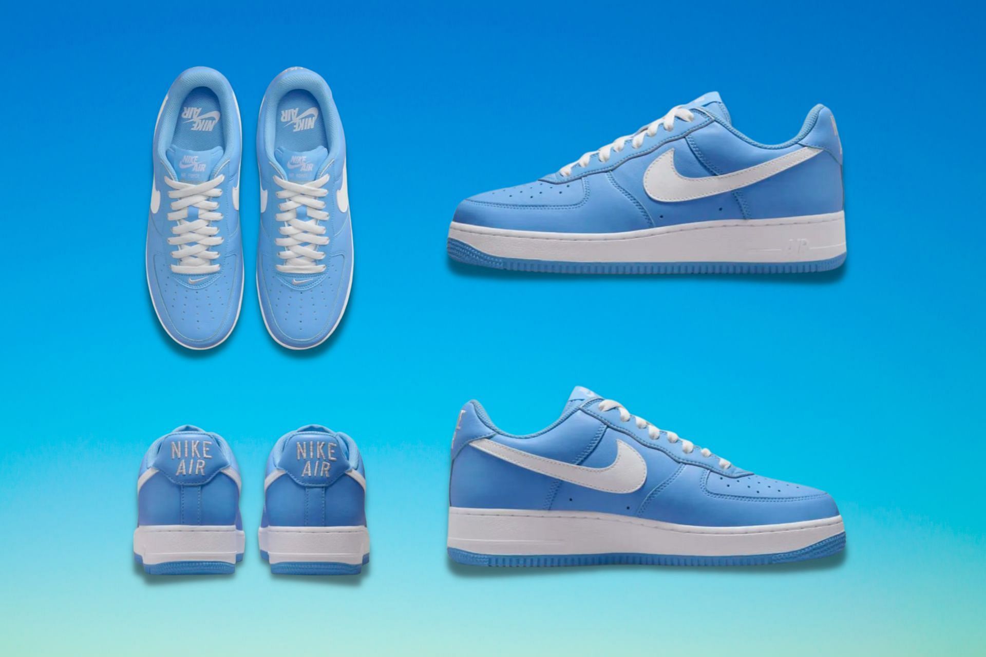 Here&#039;s a detailed look at the Nike Air Force 1 Low Color of the Month University Blue sneakers (Image via Sportskeeda)