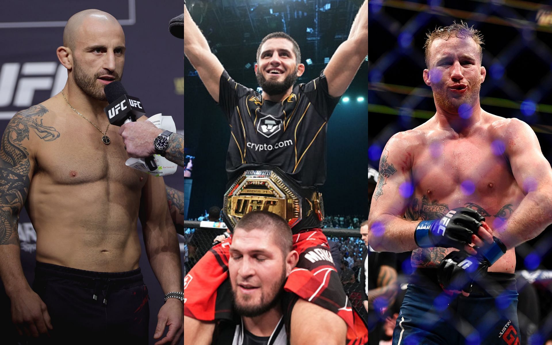 Alexander Volkanovski [left], Islam Makhachev [center] and Justin Gaethje [right]